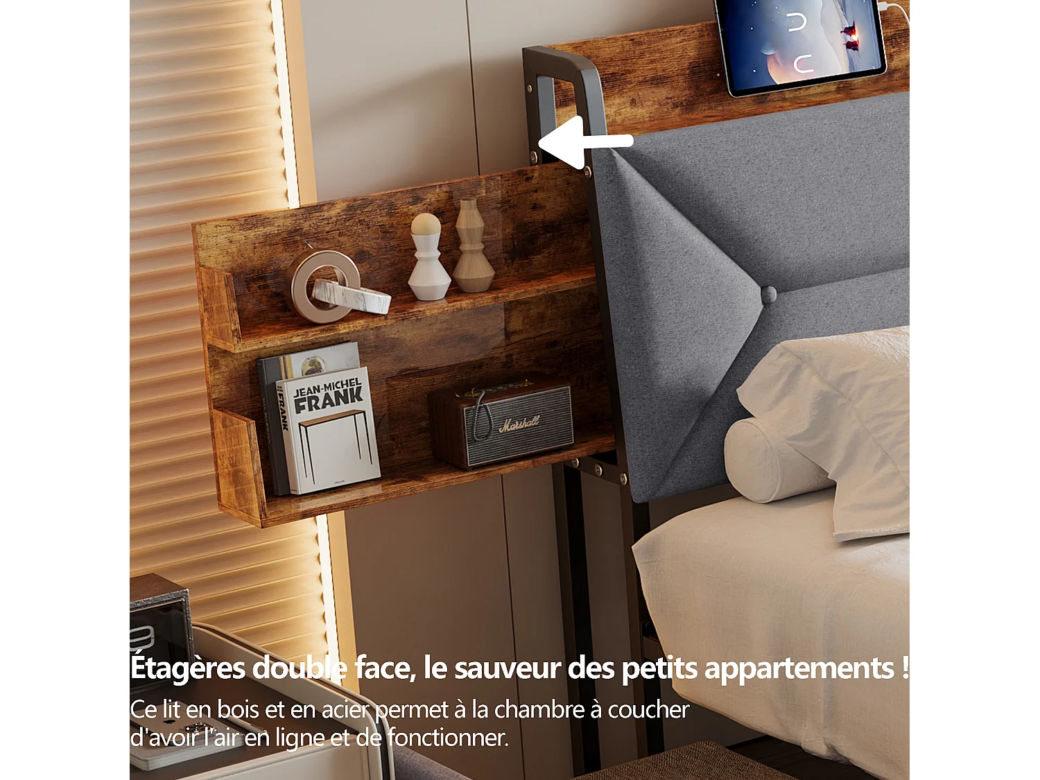 Lit double 160×200 cm en bois et métal avec tête de lit ergonomique inclinée à 95°, rangements intégrés, ports USB/Type-C et 4 grands tiroirs