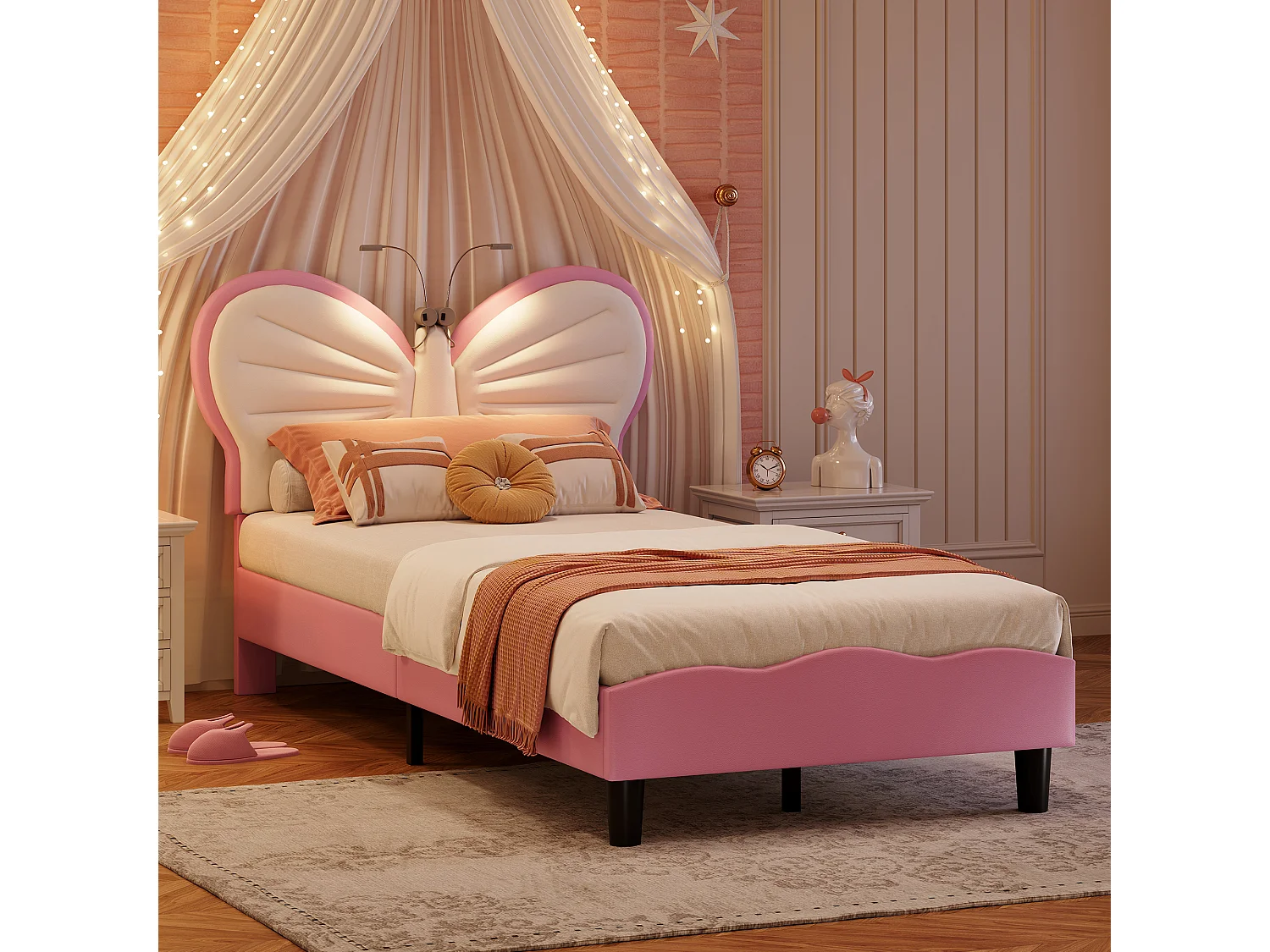 Lit enfant 90×200 cm rose et blanc avec tête de lit papillon, lampe de lecture LED et hauteur réglable
