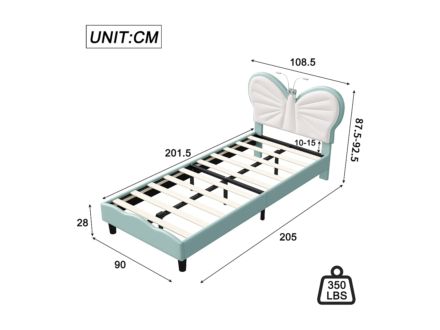 Kinderbett 90×200 cm, blau-weiß, mit Schmetterlingskopfteil, LED-Leselampe und verstellbarer Höhe