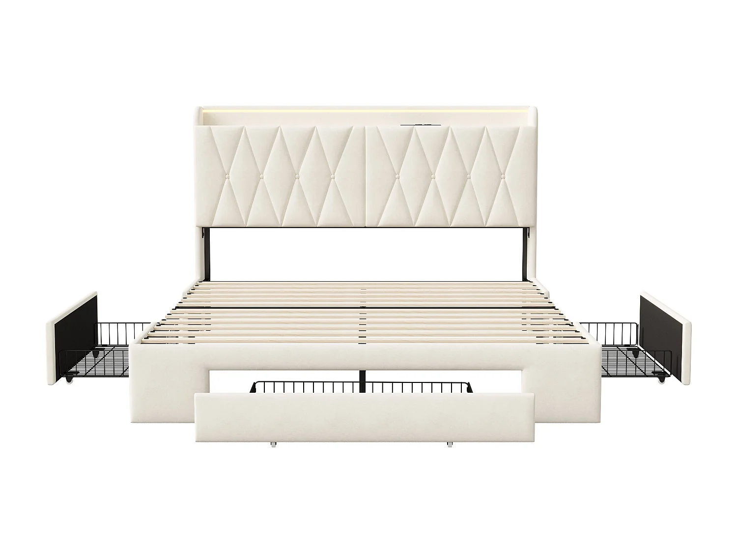 Lit avec tête de lit LED et 3 tiroirs de rangement, chargeur USB et éclairage RGB – 140×190 cm, design en velours beige