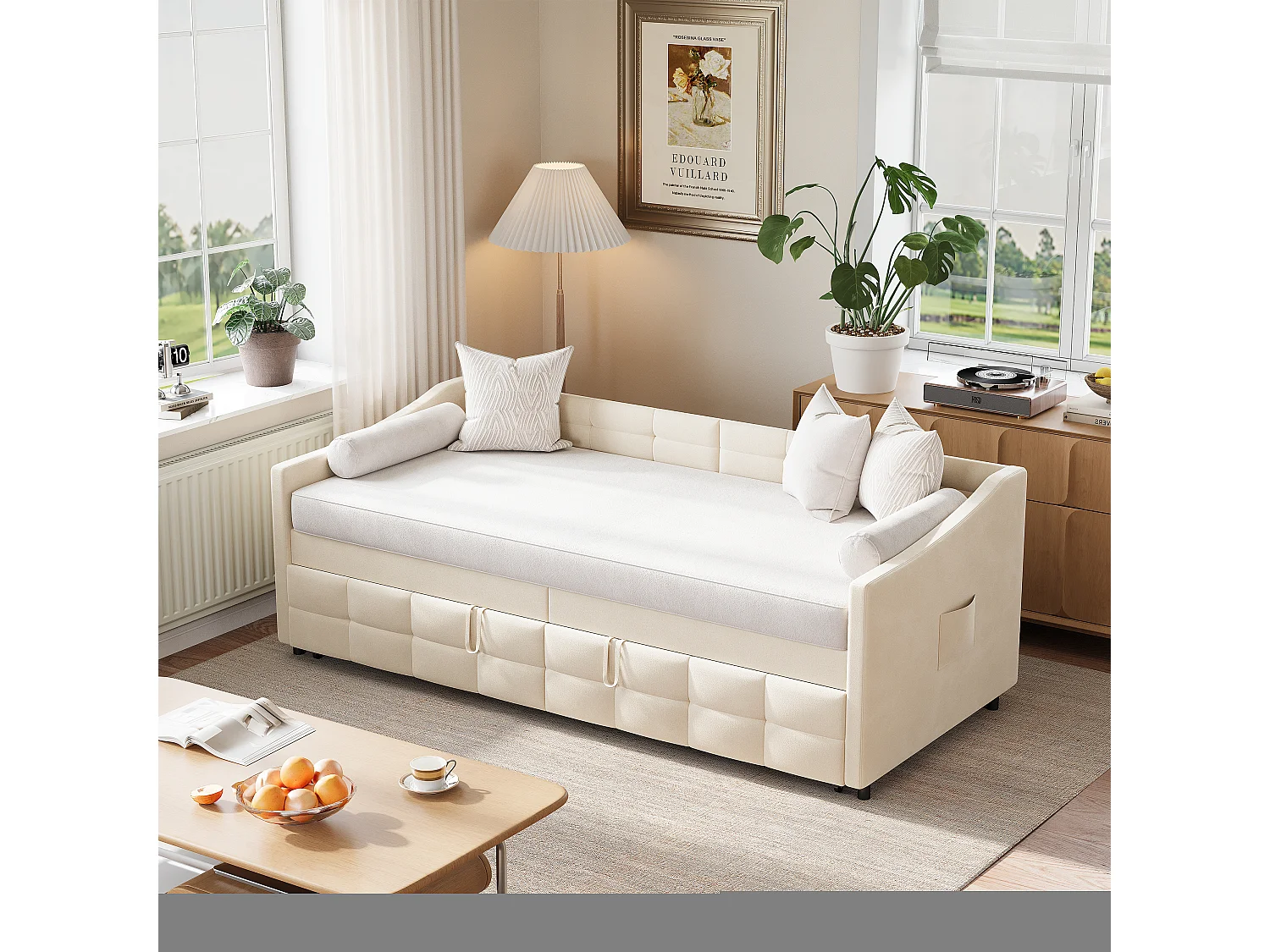 Uitschuifbare slaapbank 90×200 cm in beige fluweel, omvormbaar tot 180×200 cm met hydraulisch mechanisme, houten/metalen frame en zijvak