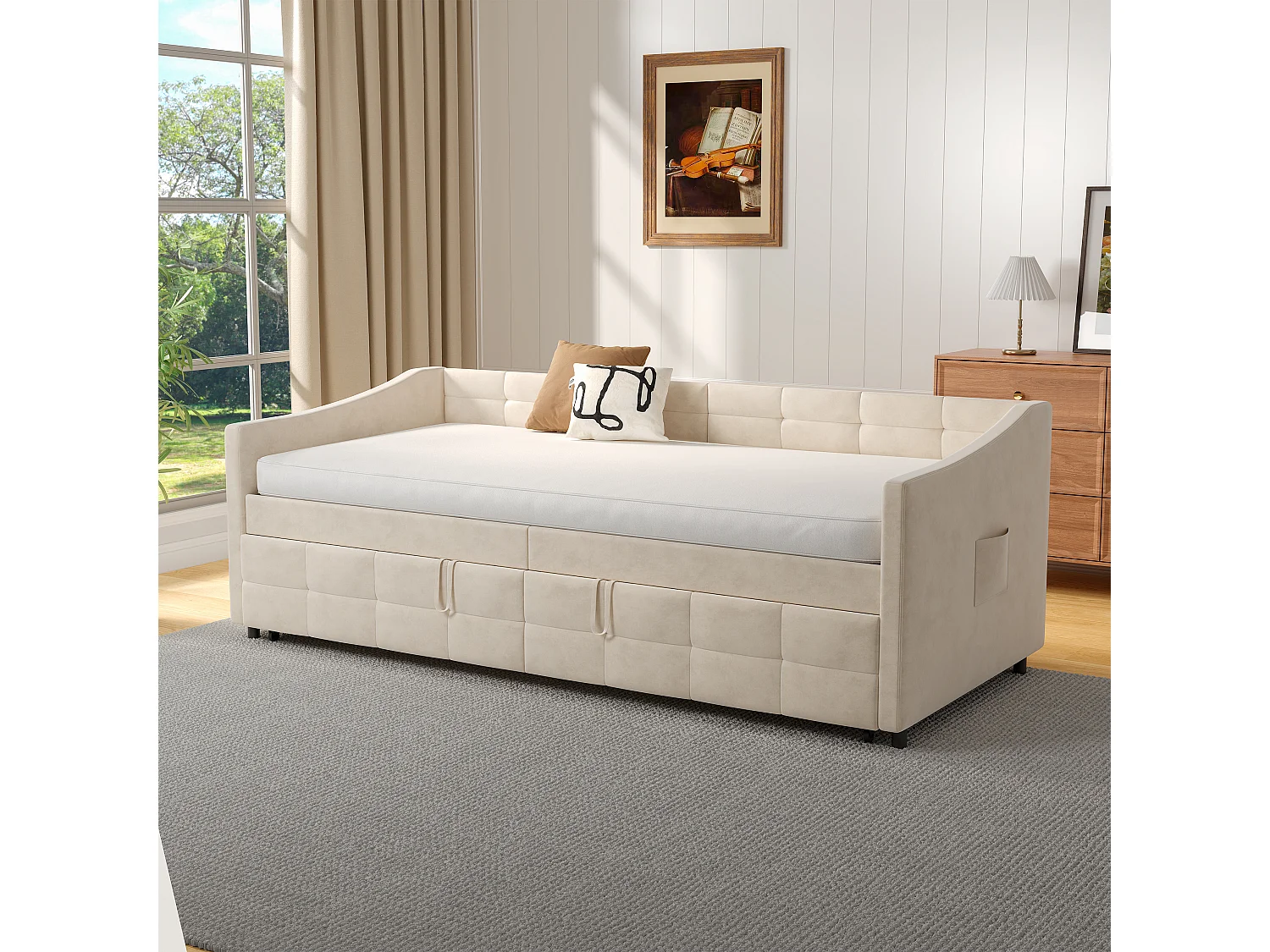 Uitschuifbare slaapbank 90×200 cm in beige fluweel, omvormbaar tot 180×200 cm met hydraulisch mechanisme, houten/metalen frame en zijvak