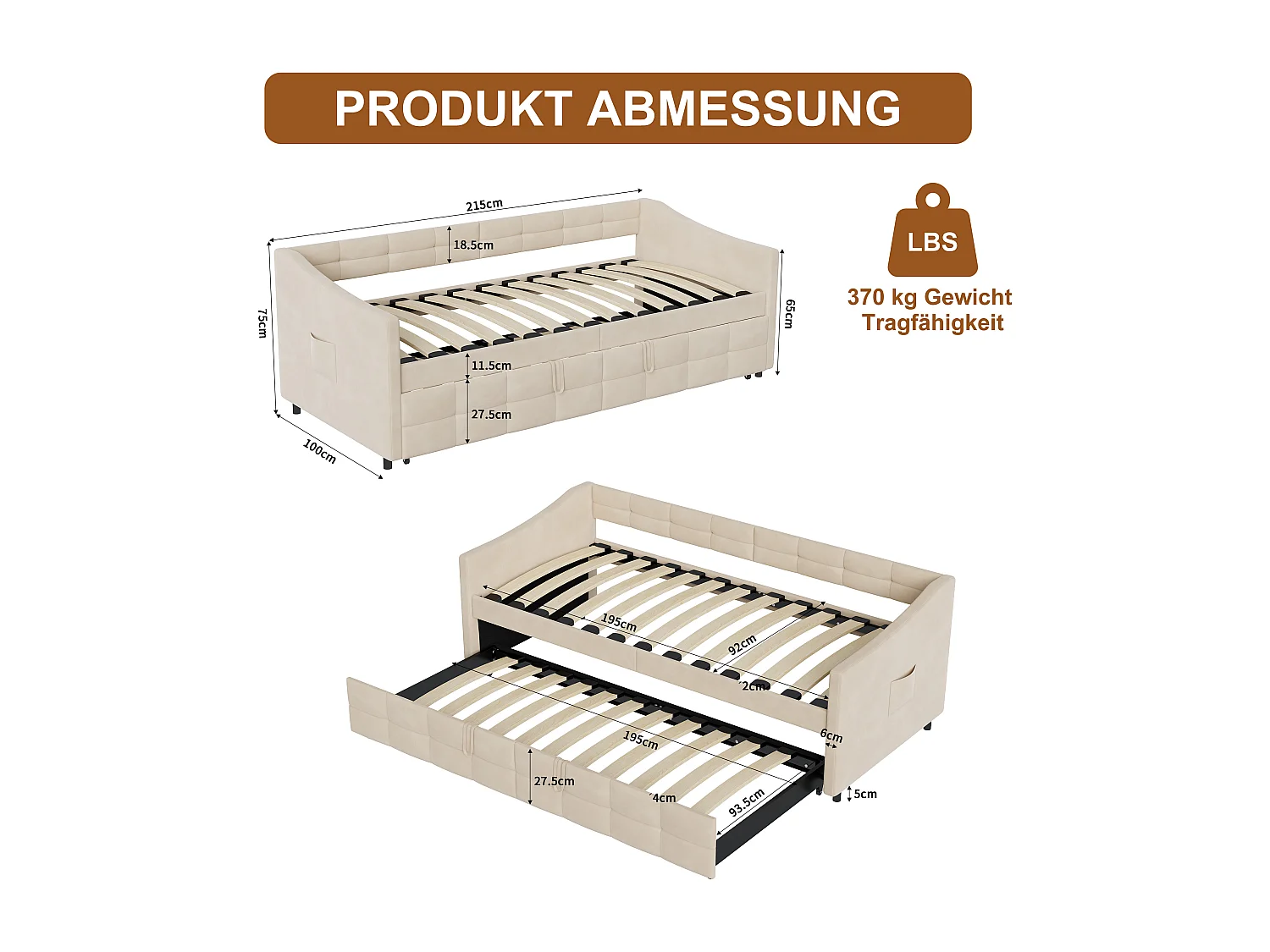 Uitschuifbare slaapbank 90×200 cm in beige fluweel, omvormbaar tot 180×200 cm met hydraulisch mechanisme, houten/metalen frame en zijvak