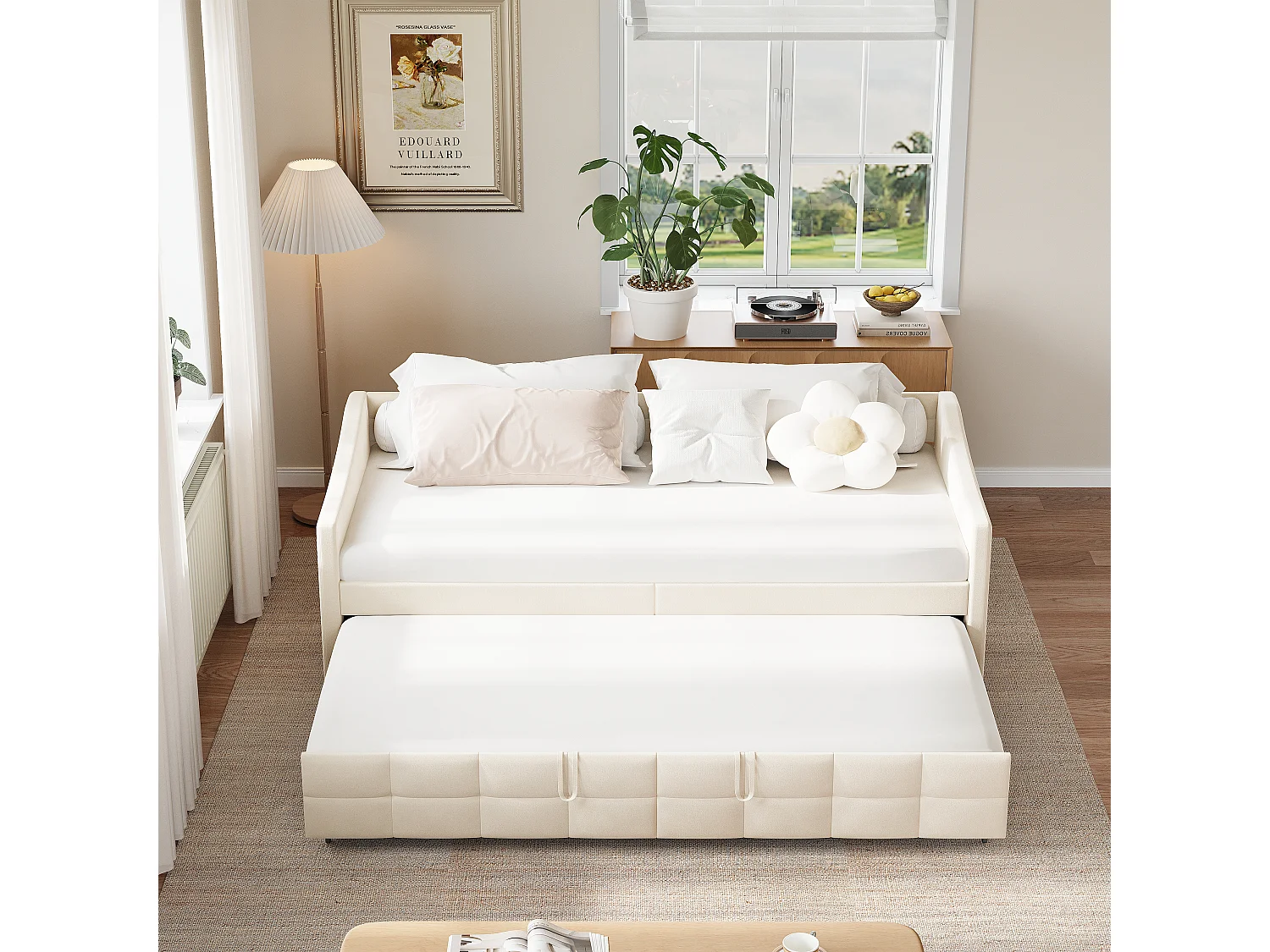 Canapé-lit extensible 90×200 cm en velours beige, convertible 180×200 cm avec mécanisme hydraulique, structure bois/métal et poche latérale