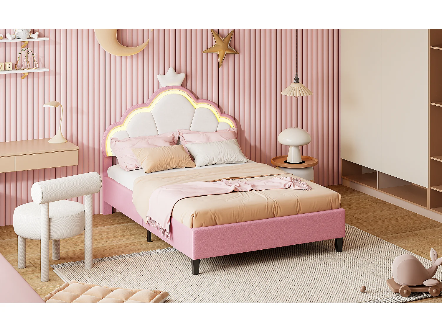 Lit enfant 140×200 cm style princesse avec tête de lit en forme de couronne, sommier à lattes – Flanelle rose