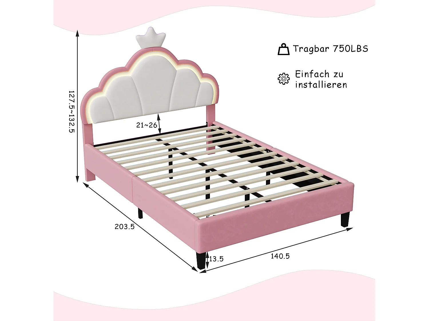Cama infantil estilo princesa, 140×200 cm, com cabeceira em formato de coroa e estrado de ripas – Flanela rosa