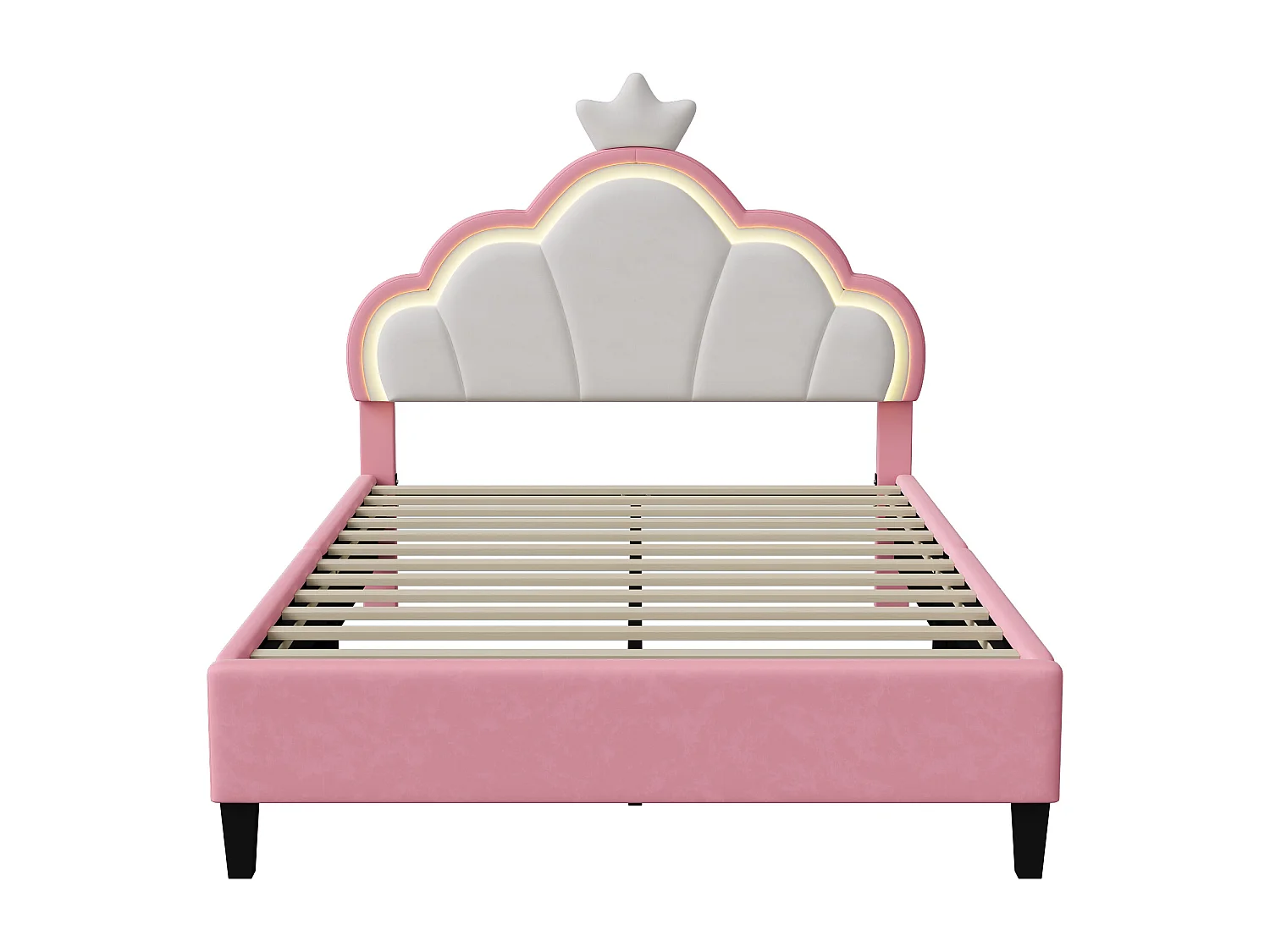 Cama infantil estilo princesa, 140×200 cm, com cabeceira em formato de coroa e estrado de ripas – Flanela rosa