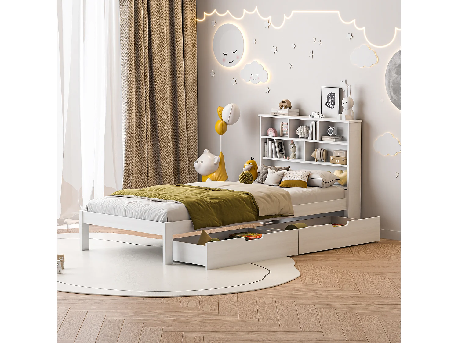 Lit enfant 90×200 cm en bois avec lit plat pour ado, 2 tiroirs de rangement et cadre robuste et durable