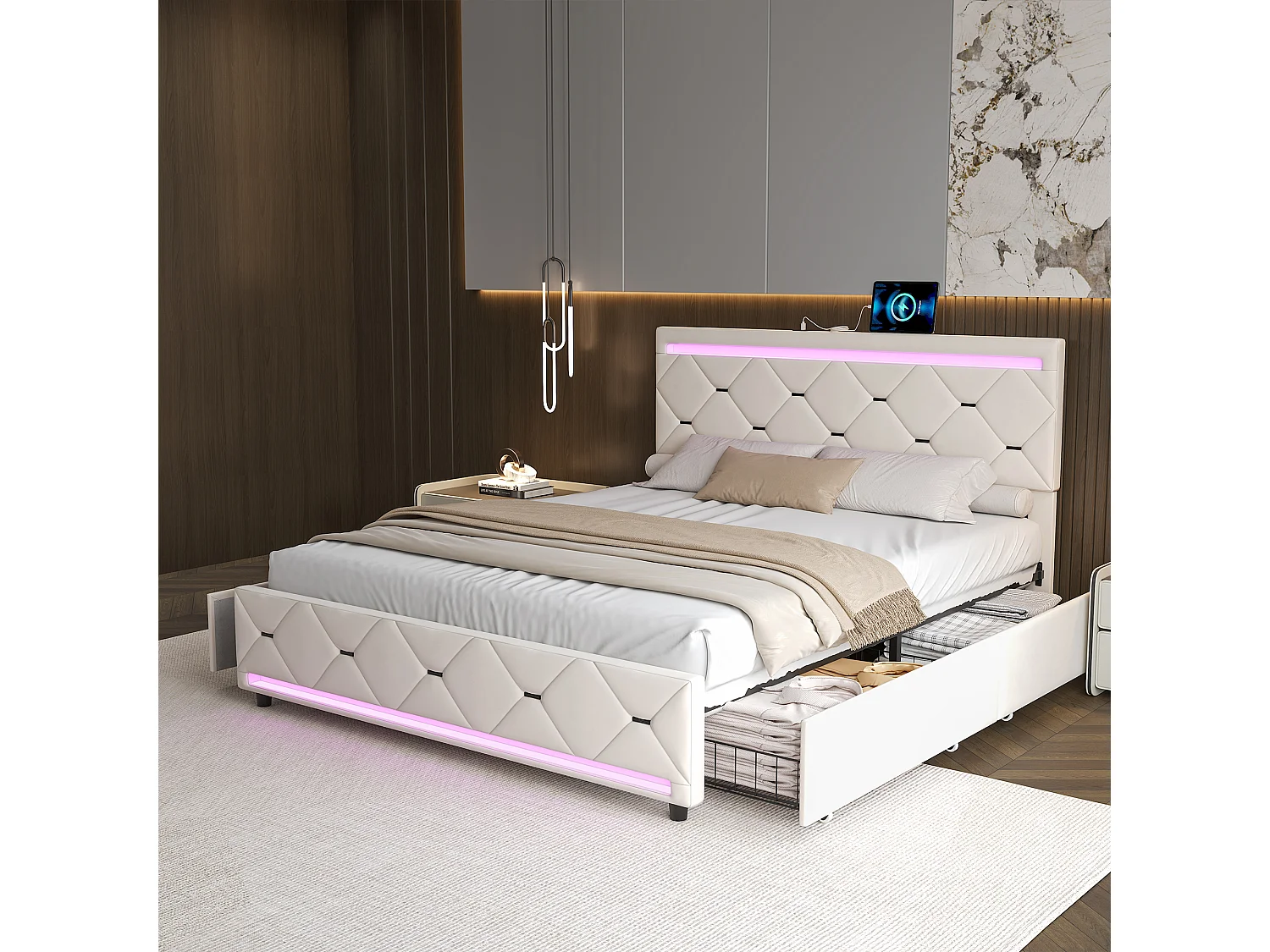 Lit coffre 140×200 cm avec 4 tiroirs, LED multicolores et ports USB – Velours beige