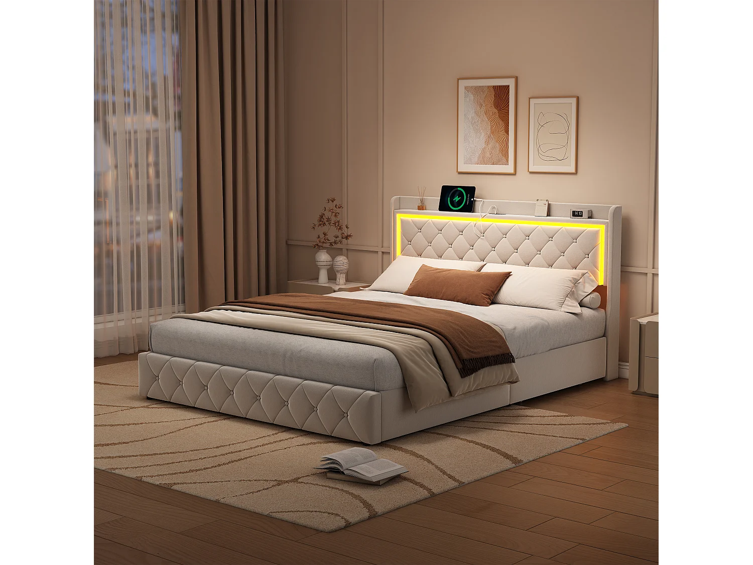 Bed van 140×190 cm in beige fluweel met LED-hoofdbord, gaslift, USB- en Type-C-poorten