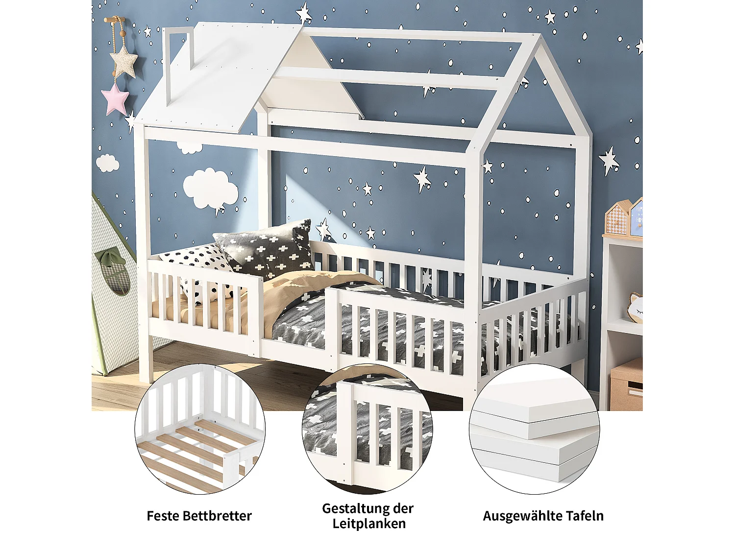 Lit cabane enfant 90×200 cm en bois massif avec sommier à lattes – Blanc