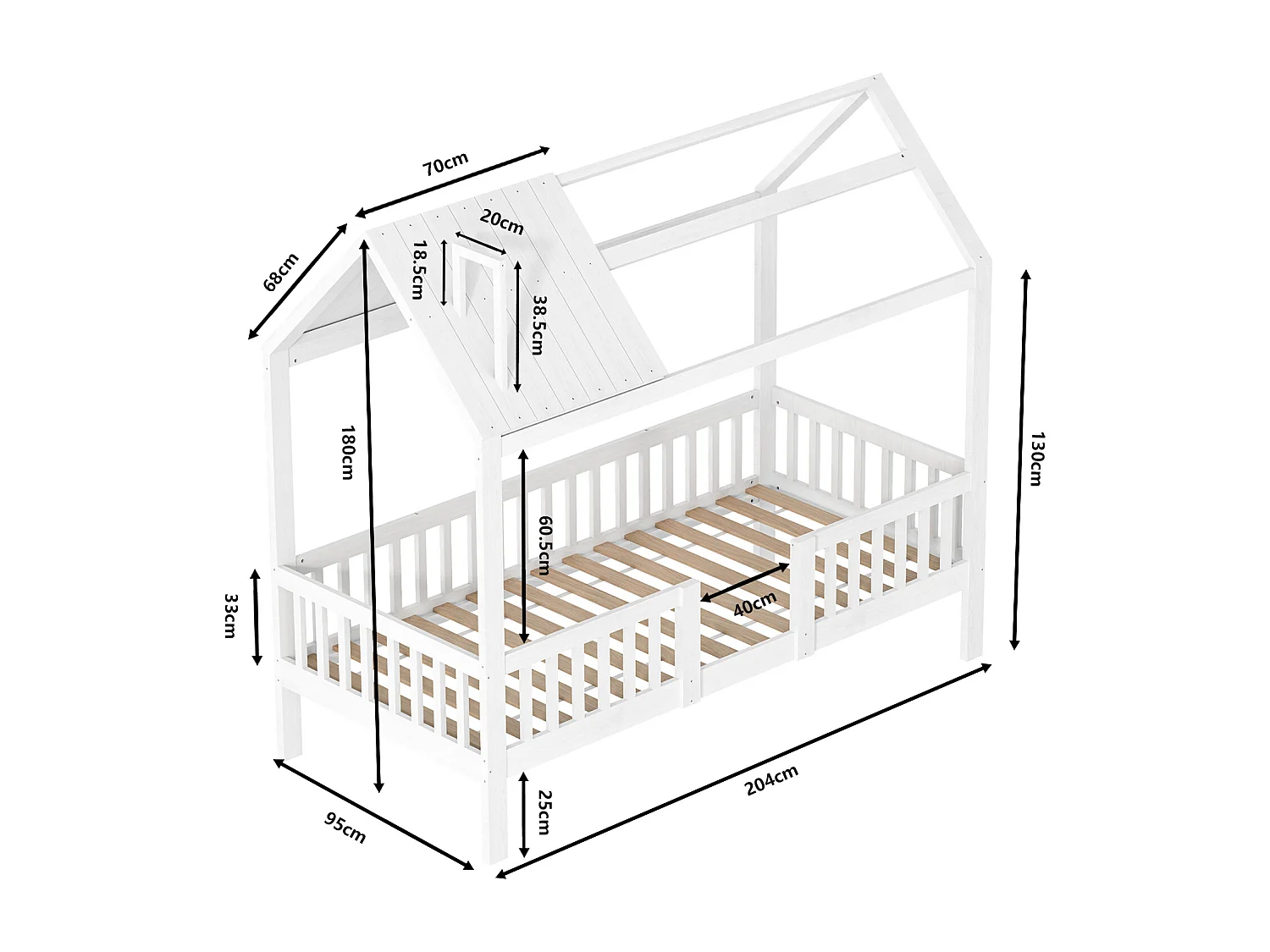 Lit cabane enfant 90×200 cm en bois massif avec sommier à lattes – Blanc