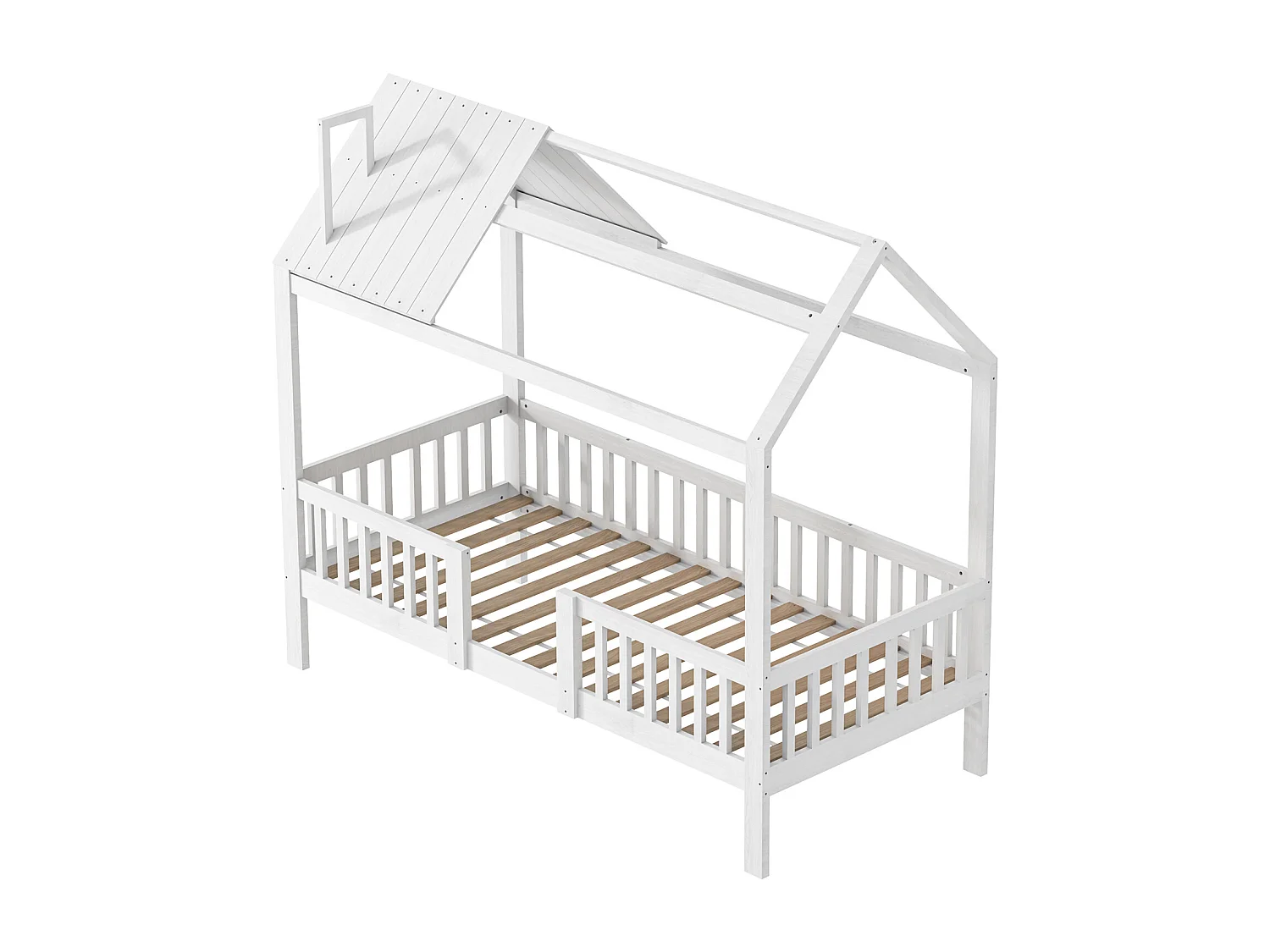 Lit cabane enfant 90×200 cm en bois massif avec sommier à lattes – Blanc