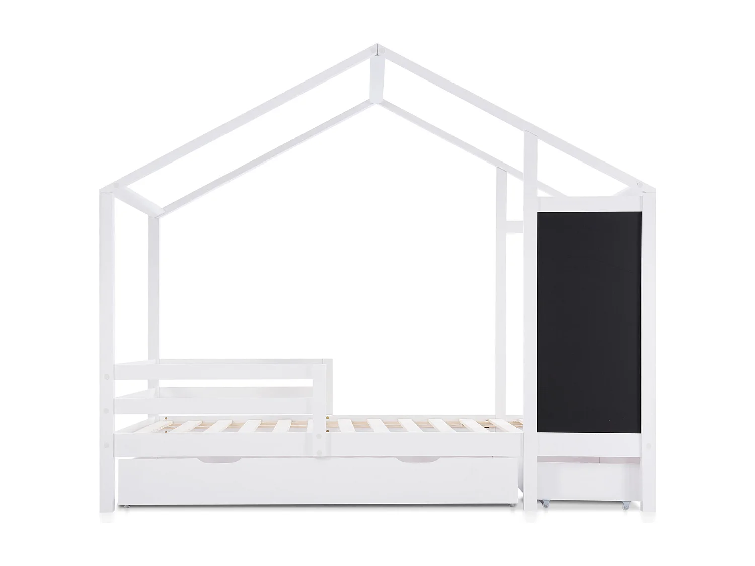 Lit cabane 90×200 cm en bois massif avec tableau noir, barrière, 2 tiroirs et sommier – Blanc – Sans matelas