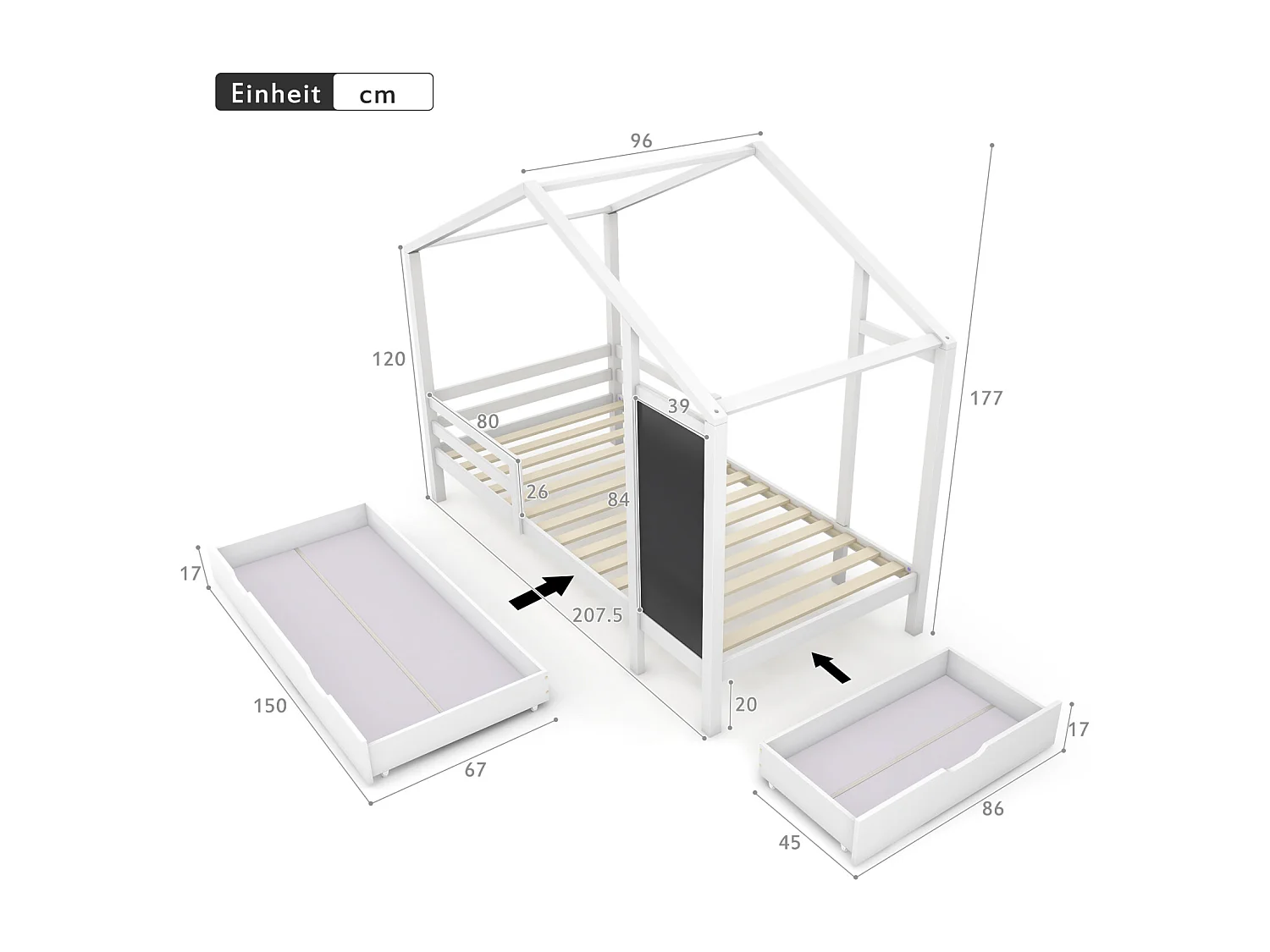 Lit cabane 90×200 cm en bois massif avec tableau noir, barrière, 2 tiroirs et sommier – Blanc – Sans matelas