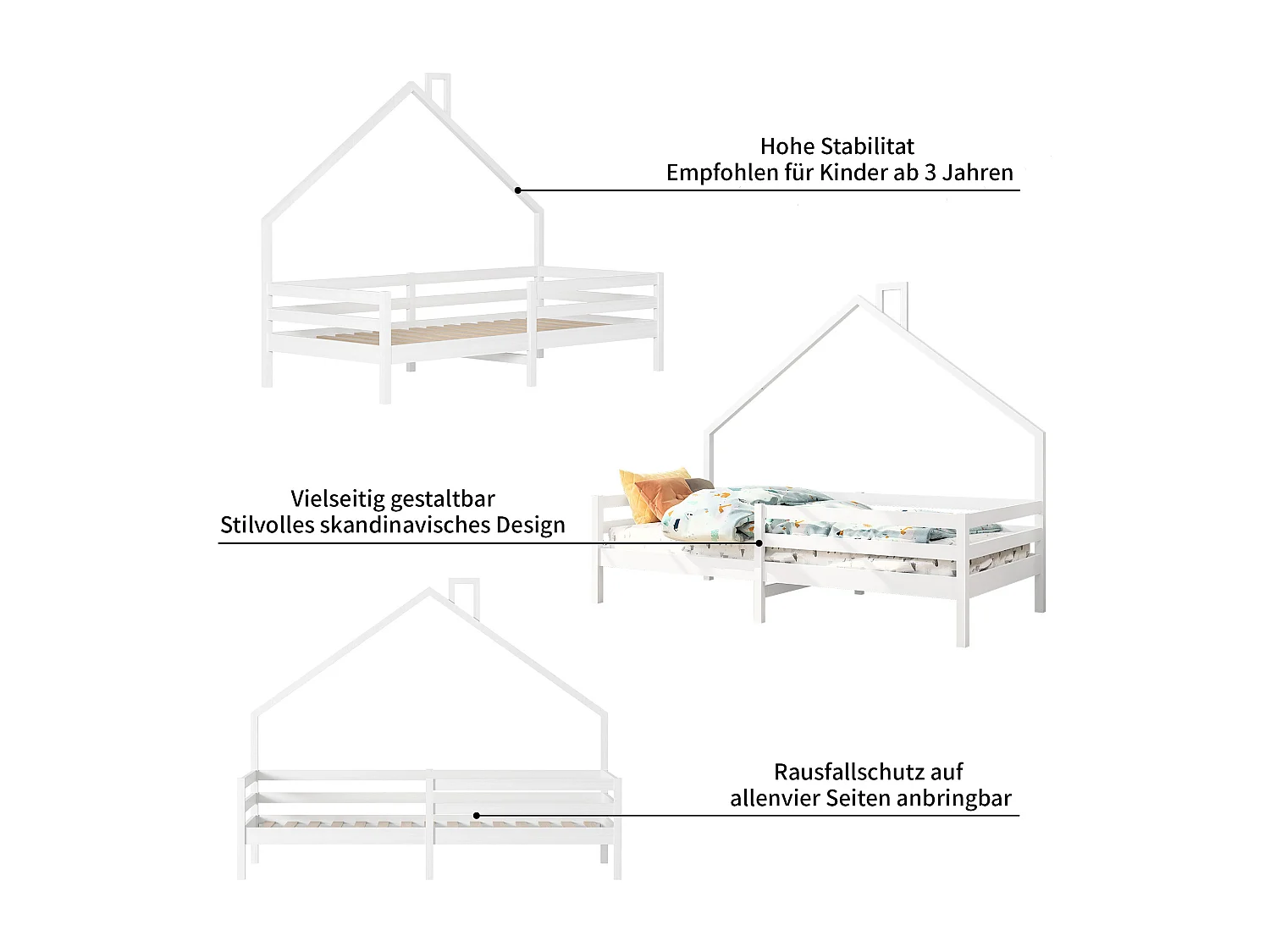 Lit cabane enfant 90×200 cm en bois massif avec barrière antichute et sommier à lattes – Blanc