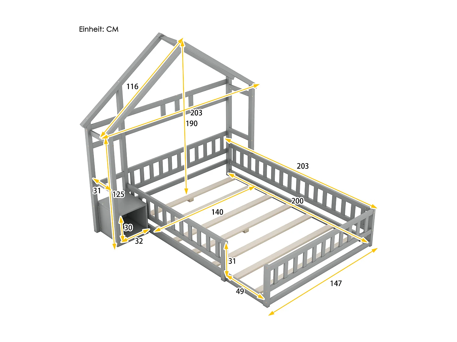 Lit enfant 140×200 cm en pin massif avec espace de rangement et sommier à lattes – Blanc