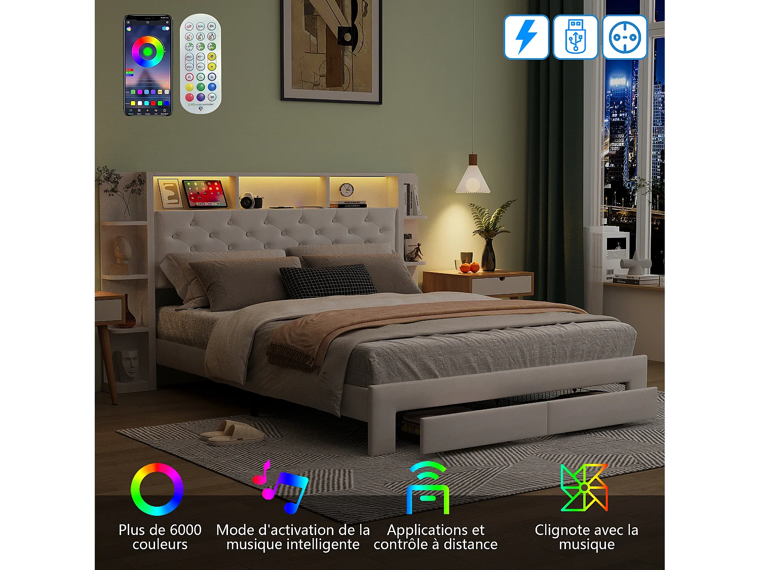 Lit coffre 140×200 cm avec rangements, LED multicolores et station de charge USB – Tissu velours blanc – Design moderne