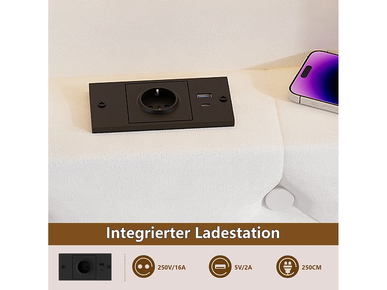 Lit coffre 140×200 cm avec rangements, LED multicolores et station de charge USB – Tissu velours blanc – Design moderne