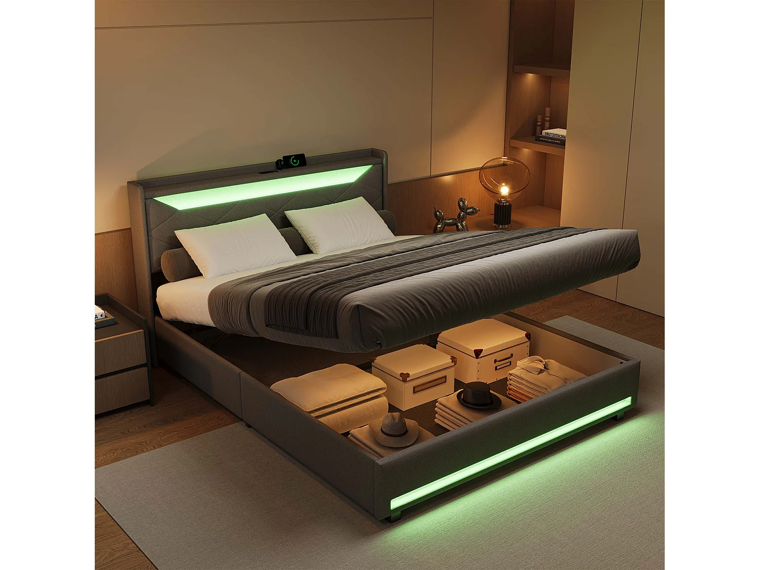 Lit double 140×200 cm avec rangement, éclairage LED, port USB et prise Type-C – Tissu gris avec vérins à gaz