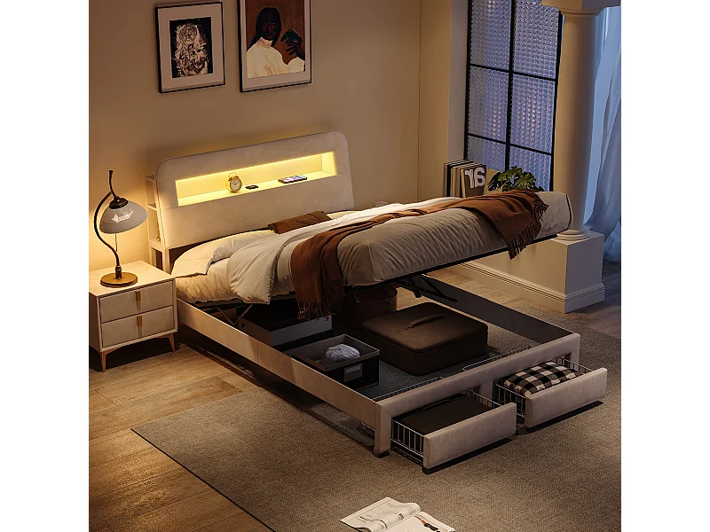 Lit coffre multifonction 160×200 cm en velours avec LED, ports USB/Type-C, tête de lit avec rangements et 2 tiroirs – Beige