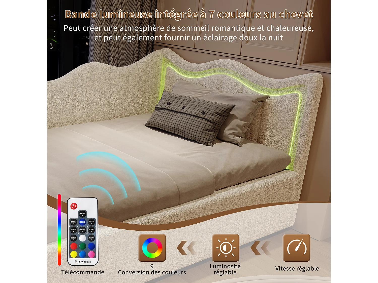 Kinderschlafsofa 90×200 cm mit Staufach und mehrfarbigen LEDs – Weißer Plüschstoff