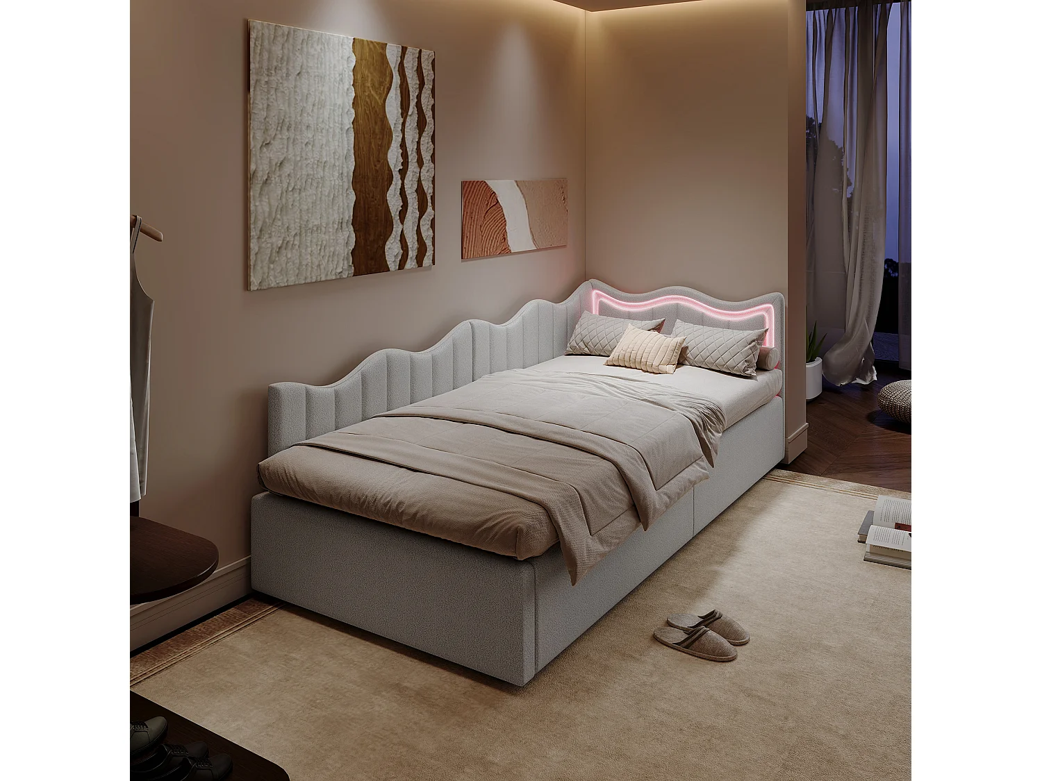 Lit canapé enfant 90×200 cm avec coffre de rangement et LED multicolores – Blanc en tissu peluche