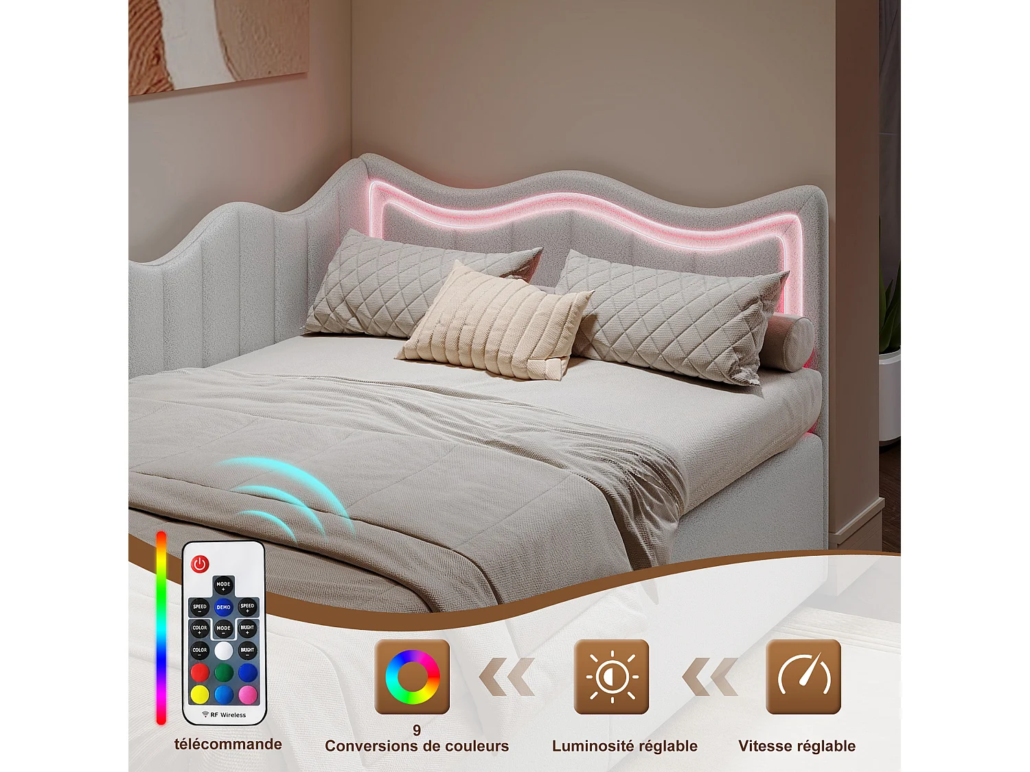 Lit canapé enfant 90×200 cm avec coffre de rangement et LED multicolores – Blanc en tissu peluche
