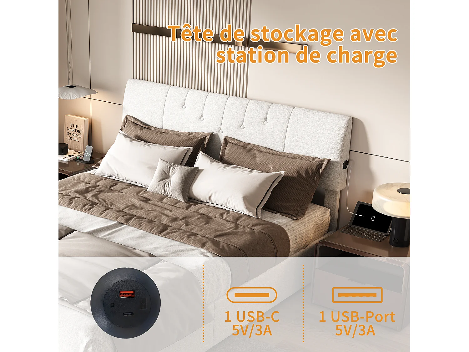 Lit coffre relevable 140×190 cm avec tête de lit réglable, ports USB-C & USB, rangement intégré – Tissu teddy blanc cassé