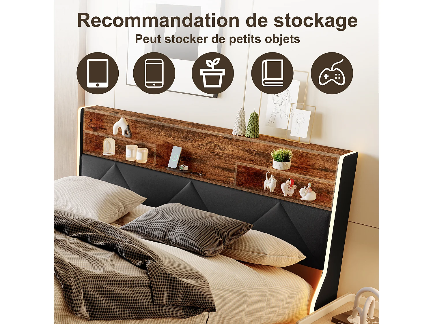 160 x 200 cm großes Bett mit Stauraum, Kopfteil, USB-/Typ-C-Anschlüssen und RGB-LED-Beleuchtung – Schwarzes PU & helle Eiche