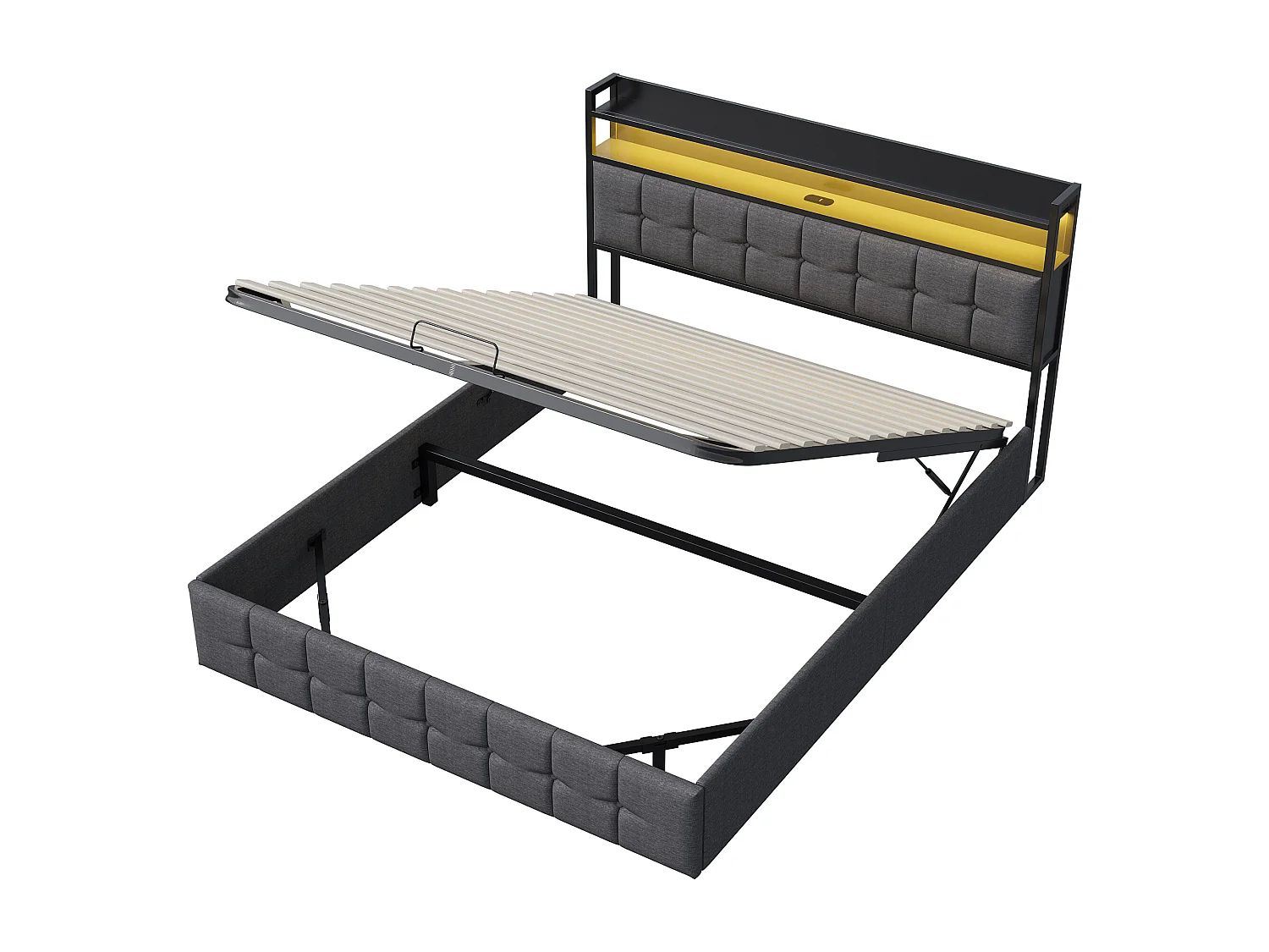 Lit 140×190 cm avec tête de lit LED et rangement à gaz, chargeur USB-C et USB, éclairage RGB – Design en tissu lin gris – Sans matelas