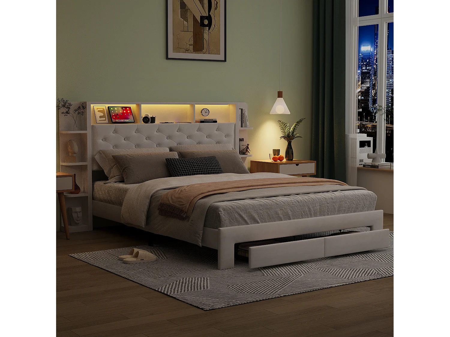 Lit coffre avec rangements, LED multicolores et station de charge USB – 160×200 cm – Tissu velours blanc – Design moderne