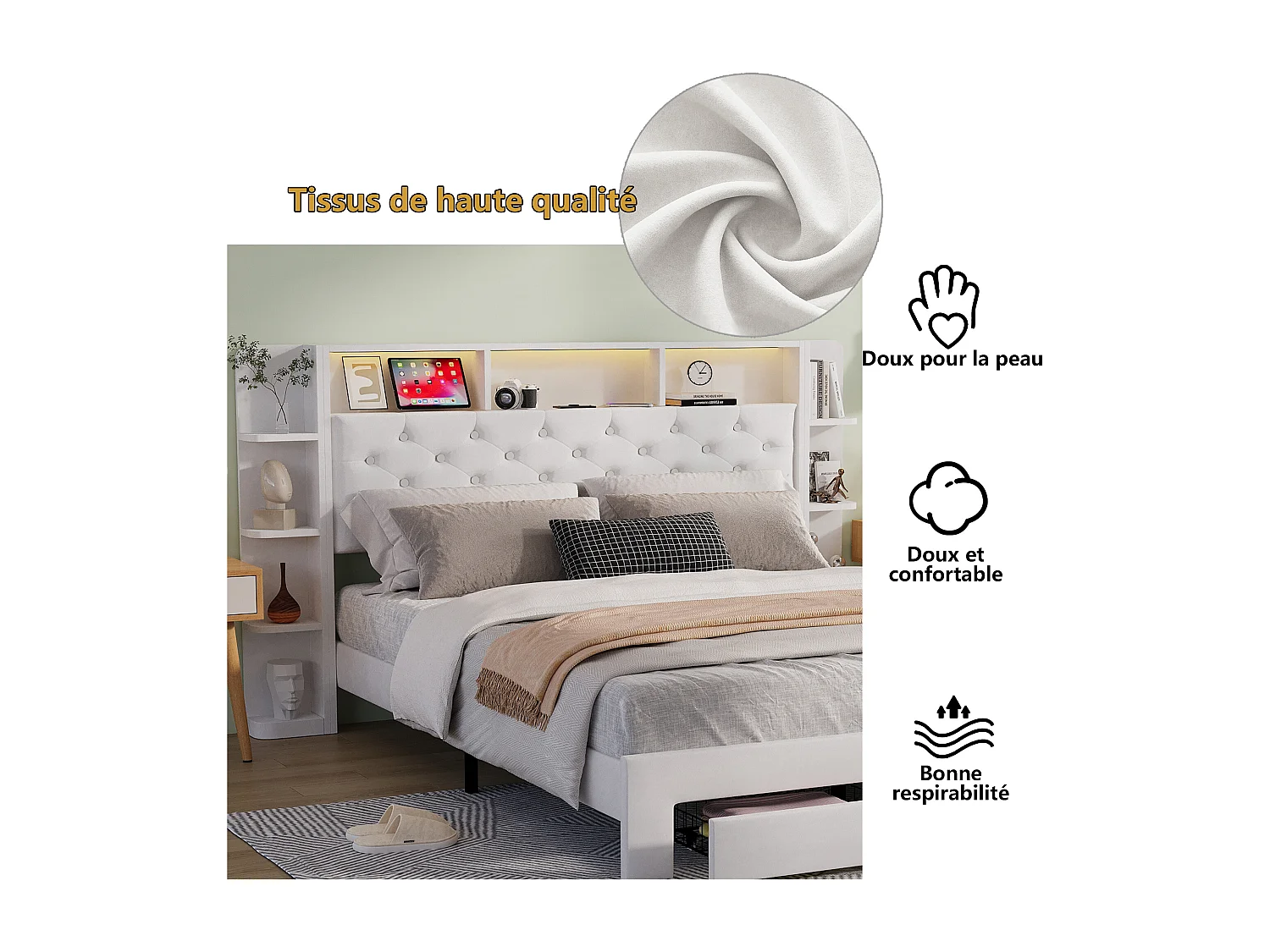 Lit coffre avec rangements, LED multicolores et station de charge USB – 160×200 cm – Tissu velours blanc – Design moderne