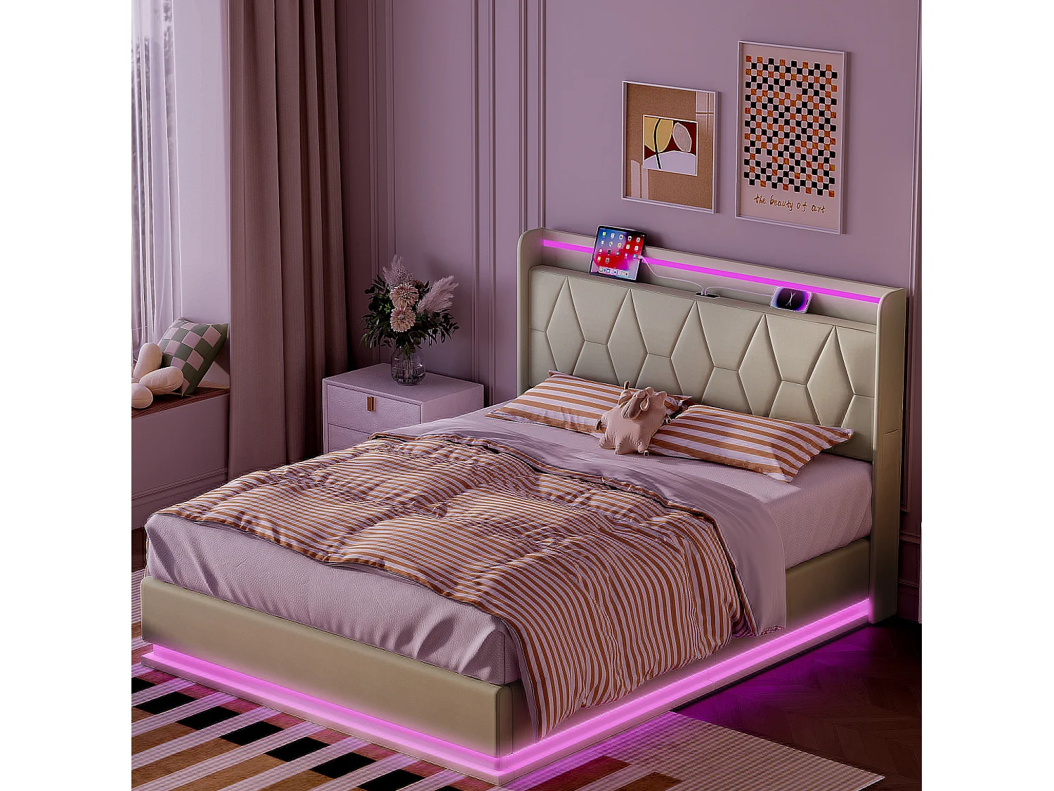 Modernes Doppelbett 140×200 cm mit weiß samtbezogenem Kopfteil, LED-Beleuchtung, USB-Anschluss und Staufach mit hydraulischen Gasdruckfedern