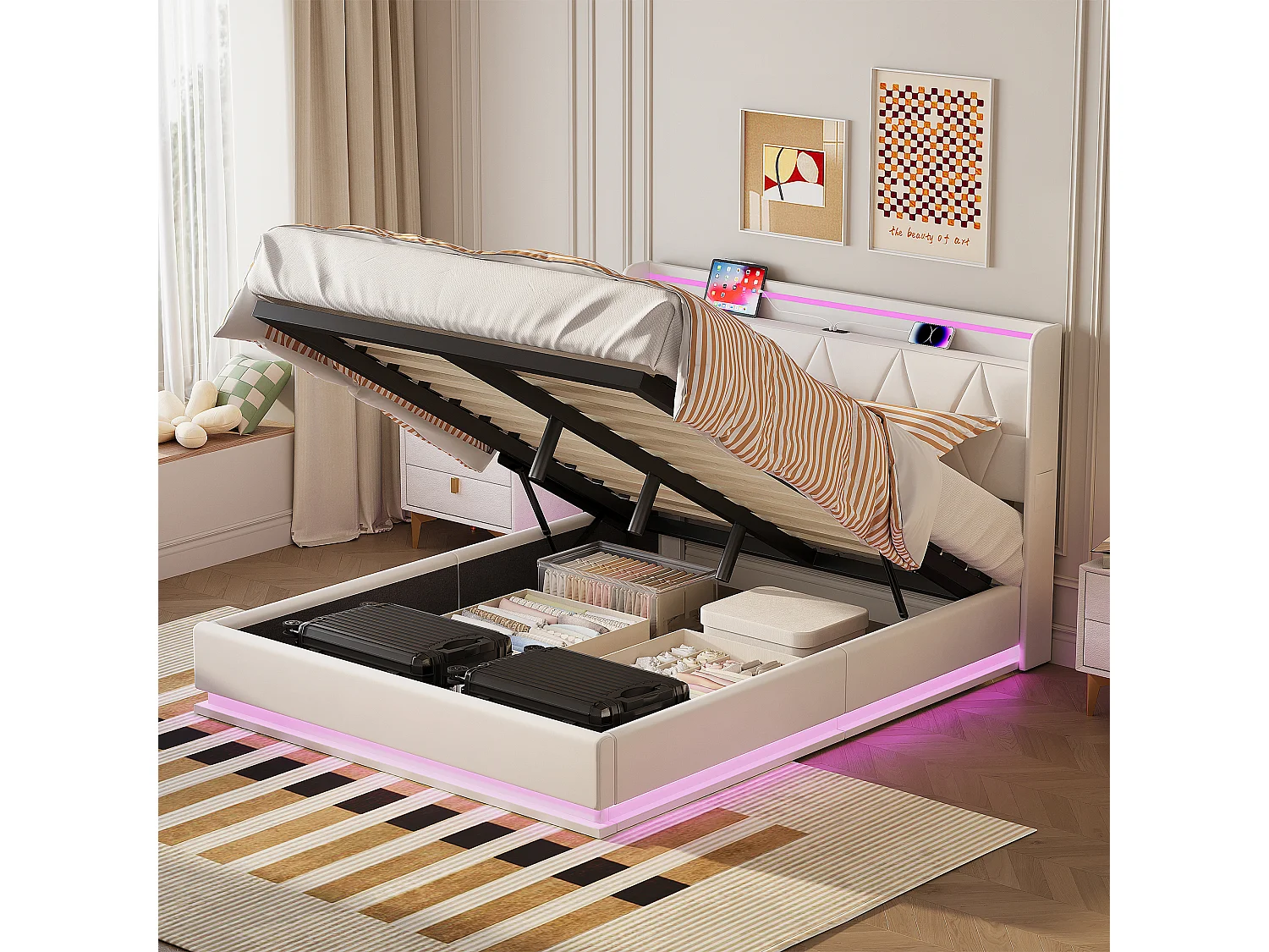 Lit double moderne 140×200 cm avec tête de lit rembourrée en velours blanc, éclairage LED, port USB et coffre de rangement avec vérins hydrauliques