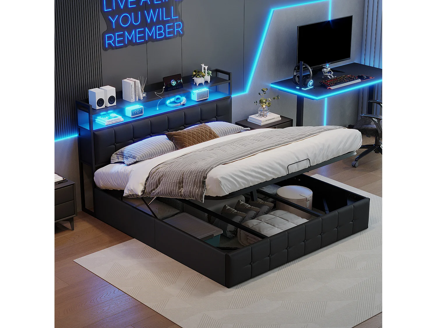 Lit 140×190 cm avec tête de lit LED et espace de rangement, chargeur USB-C et USB, structure à gaz – Design en PU Noir