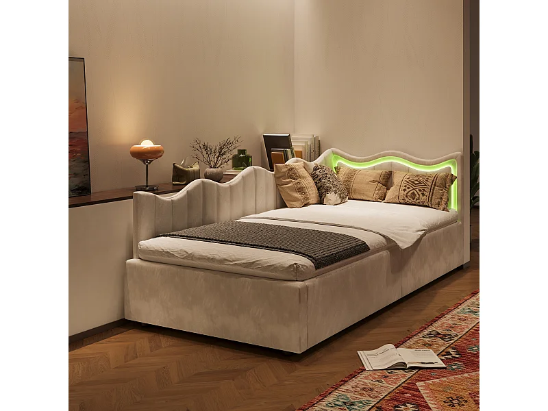 Lit canapé enfant 90×200 cm avec coffre de rangement et LED multicolores – Beige en tissu peluche