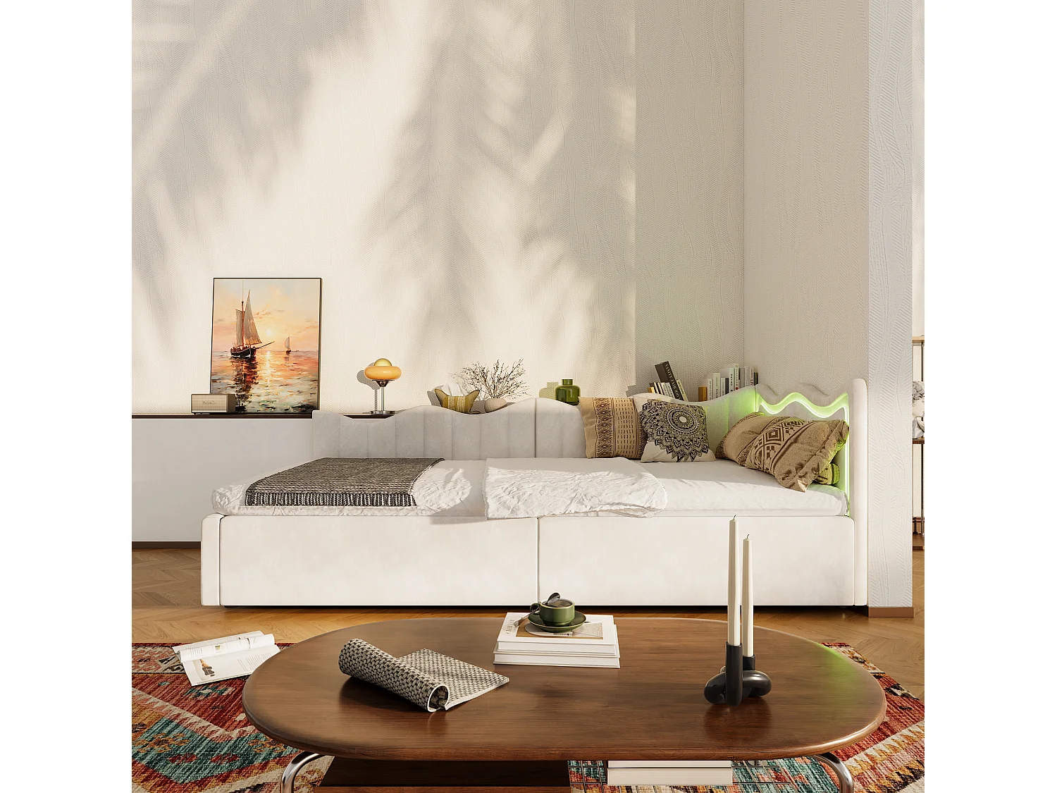 Lit canapé enfant 90×200 cm avec coffre de rangement et LED multicolores – Beige en tissu peluche