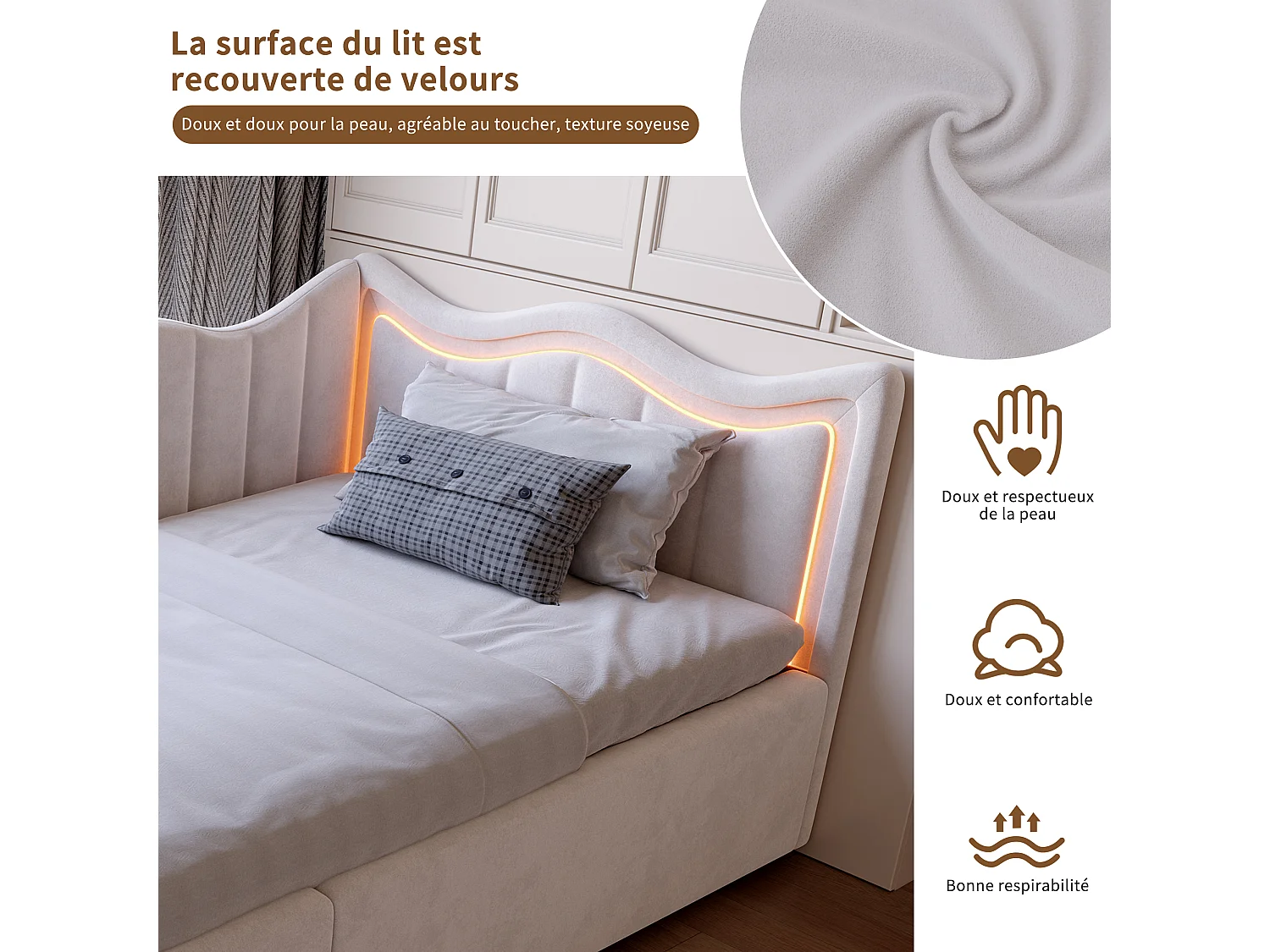 Lit canapé enfant 90×200 cm avec coffre de rangement et LED multicolores – Beige en tissu peluche