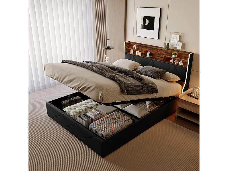 Lit coffre 140×200 cm avec tête de lit rangement, ports USB/Type-C et éclairage LED RVB – PU Noir & chêne clair
