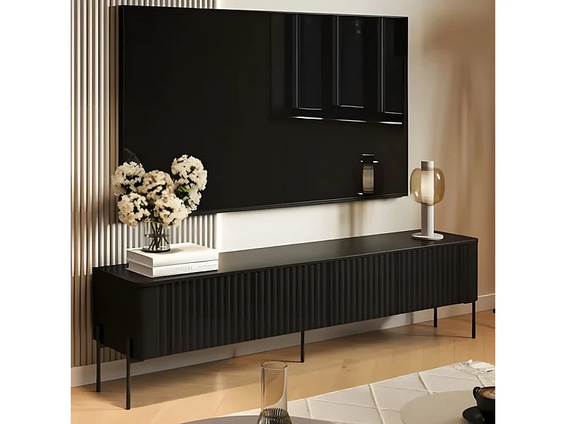 Meuble TV noir mat 190 cm, 4 portes en relief Hector