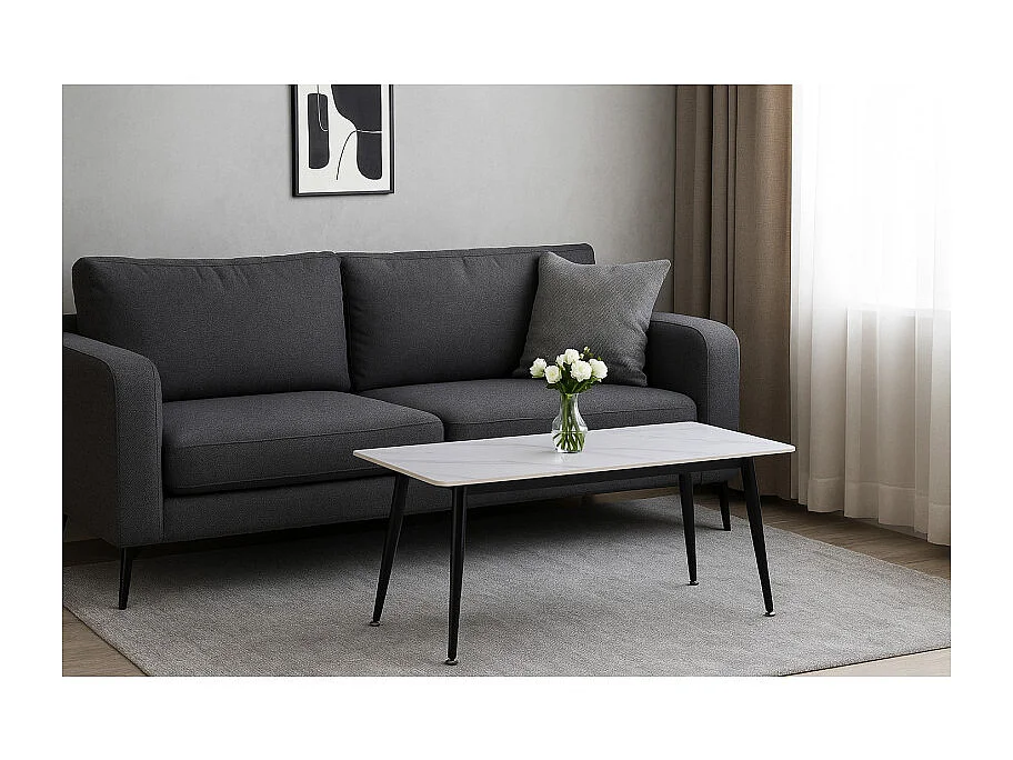 Table basse 120 cm céramique blanc marbré pieds métal - RYDER 2