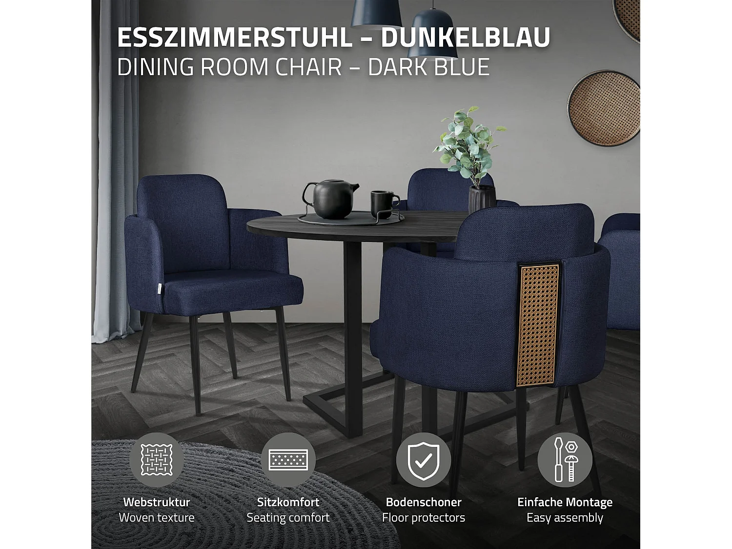ML-Design Set 4x sedie da pranzo blu scuro, in tessuto, poltrone ergonomiche da cucina con braccioli e schienale in rattan, poltroncine imbottite