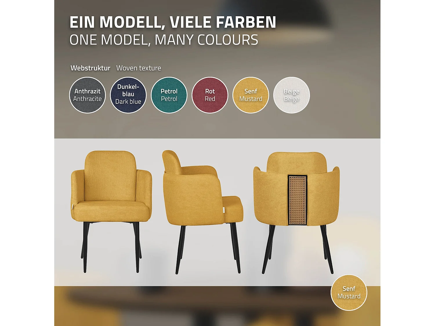 Chaise salle à manger en tissu moutarde avec accoudoirs et dossier aspect rotin pieds en métal assise rembourrée confortable fauteuil ergonomique