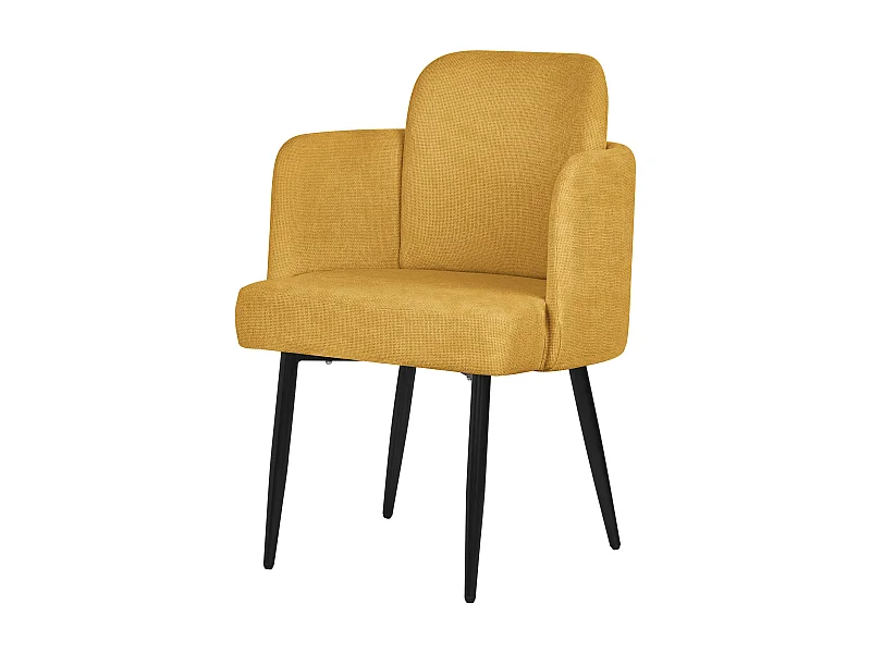 Chaise salle à manger en tissu moutarde avec accoudoirs et dossier aspect rotin pieds en métal assise rembourrée confortable fauteuil ergonomique