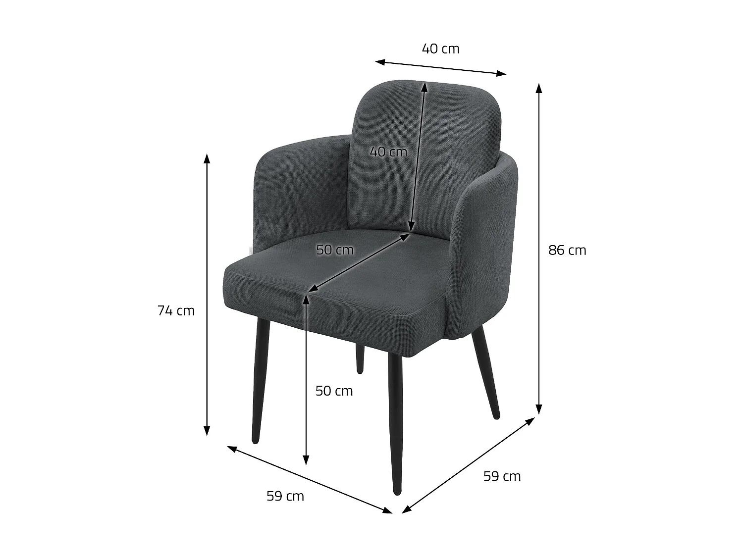Chaise salle à manger en tissu anthracite avec accoudoirs et dossier aspect rotin pieds en métal assise rembourrée confortable fauteuil ergonomique