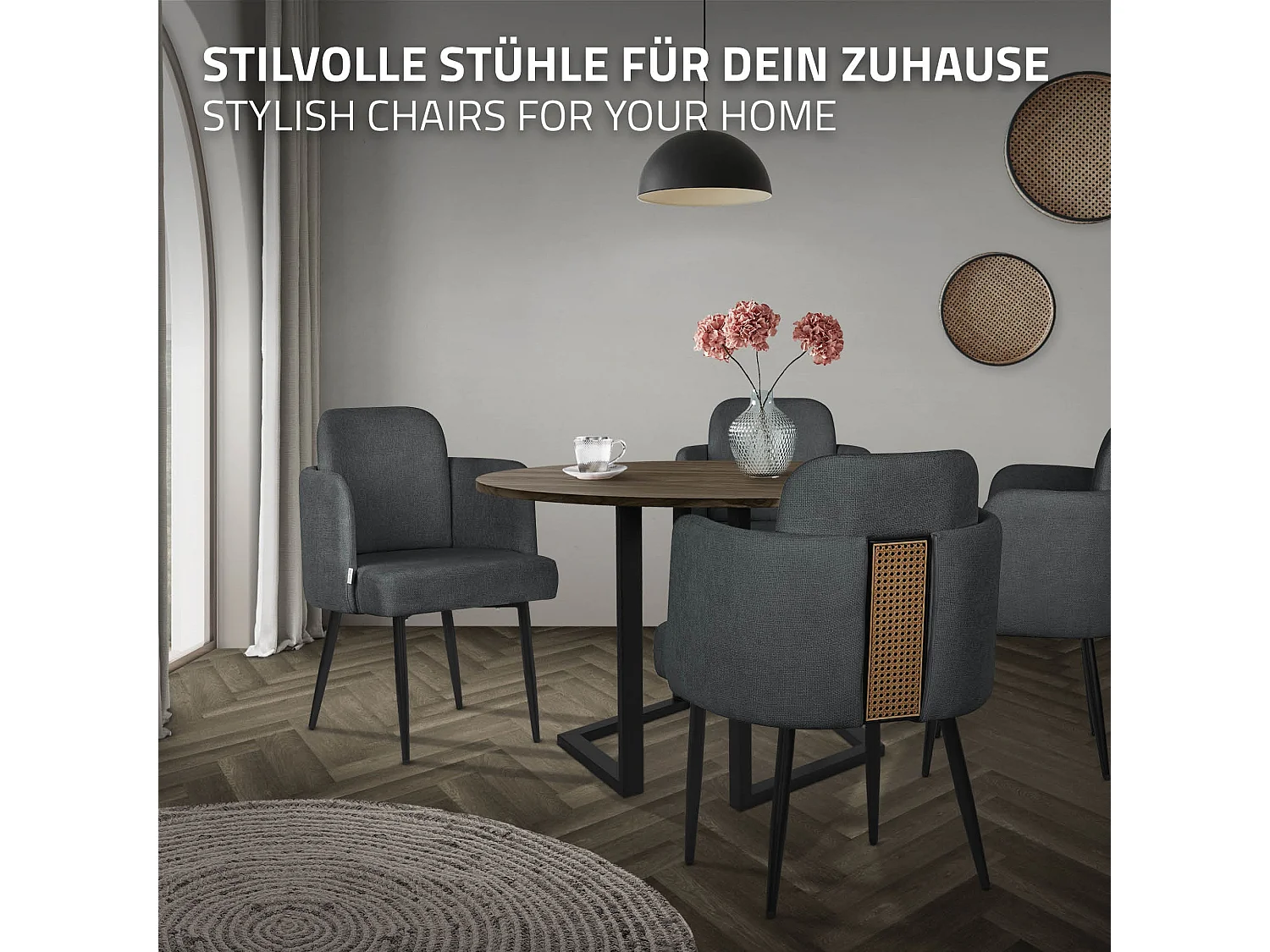 ML-Design Sedia da pranzo antracite, in tessuto, sedia da cucina con braccioli e schienale in rattan, poltroncina imbottita, poltrona per soggiorno