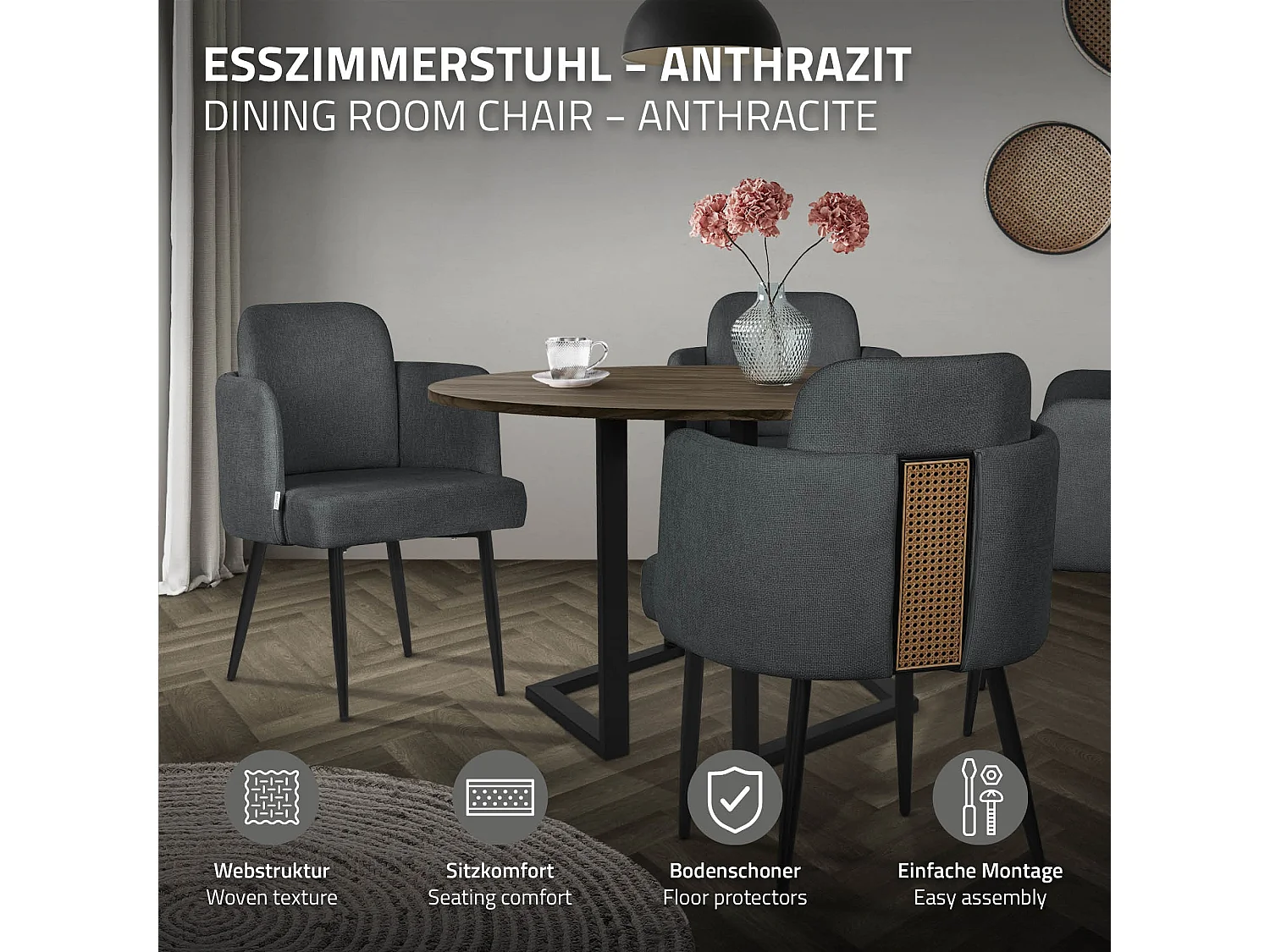 Lot de 6 chaises salle à manger en tissu anthracite avec accoudoirs et dossier aspect rotin pieds en métal assise rembourrée fauteuils ergonomiques