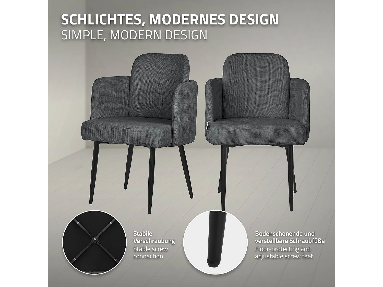 Lot de 6 chaises salle à manger en tissu anthracite avec accoudoirs et dossier aspect rotin pieds en métal assise rembourrée fauteuils ergonomiques