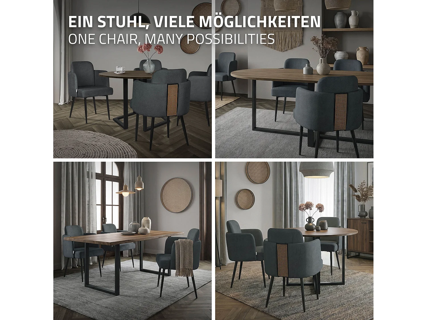Lot de 6 chaises salle à manger en tissu anthracite avec accoudoirs et dossier aspect rotin pieds en métal assise rembourrée fauteuils ergonomiques